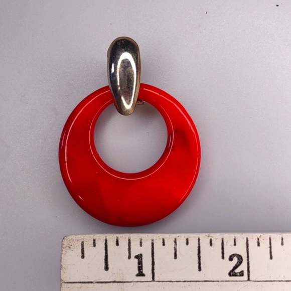 COPY - VINTAGE 1960s Red enamel DANGLE HOOP EARRINGS CLIP ON Post YELLOW GOLD - Picture 2 of 4